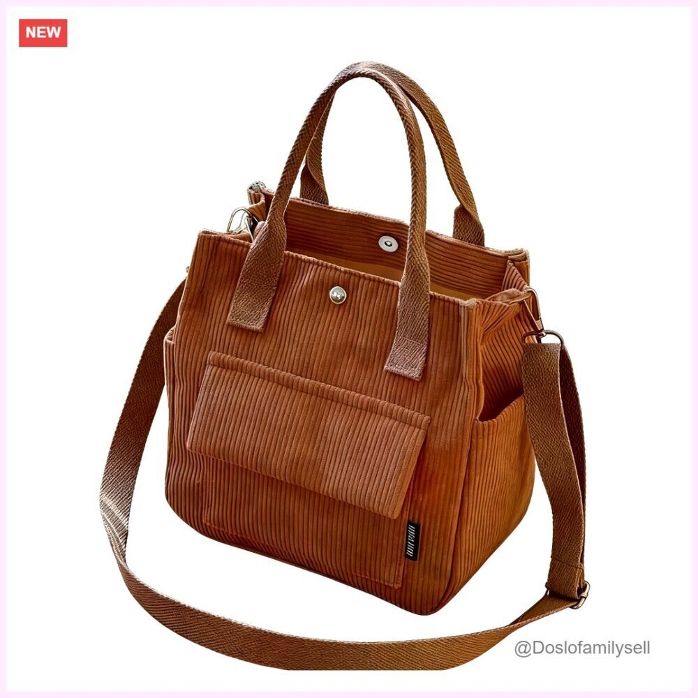 Corduroy Tote Bag with Detachable Strap, Multiple Pockets, Work Travel